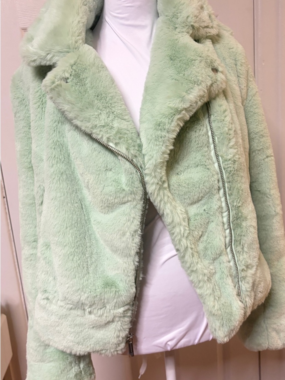 BCBGMaxAzria Mint Green Faux Fur Moto Jacket